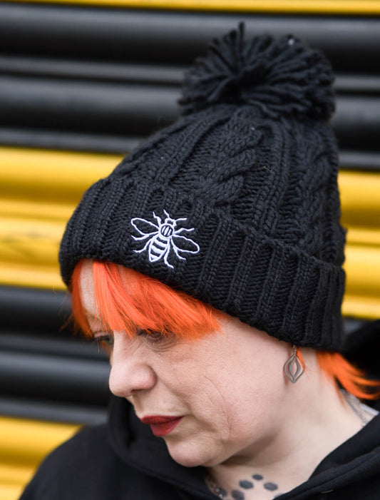 Black Chunky Knit Bee Beanie with Bobble (Staff) • The Manchester Shop