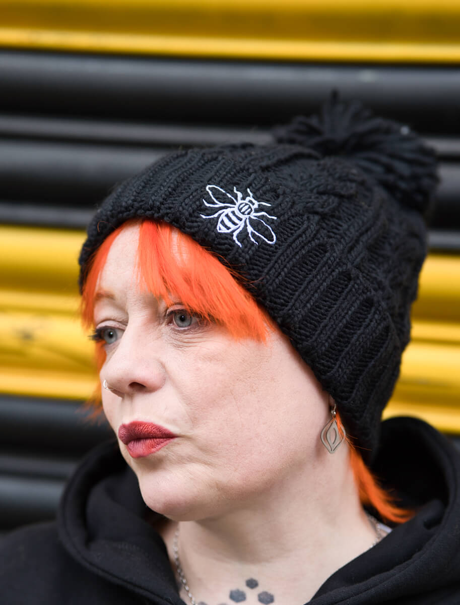 Black Chunky Knit Bee Beanie with Bobble (Staff) • The Manchester Shop