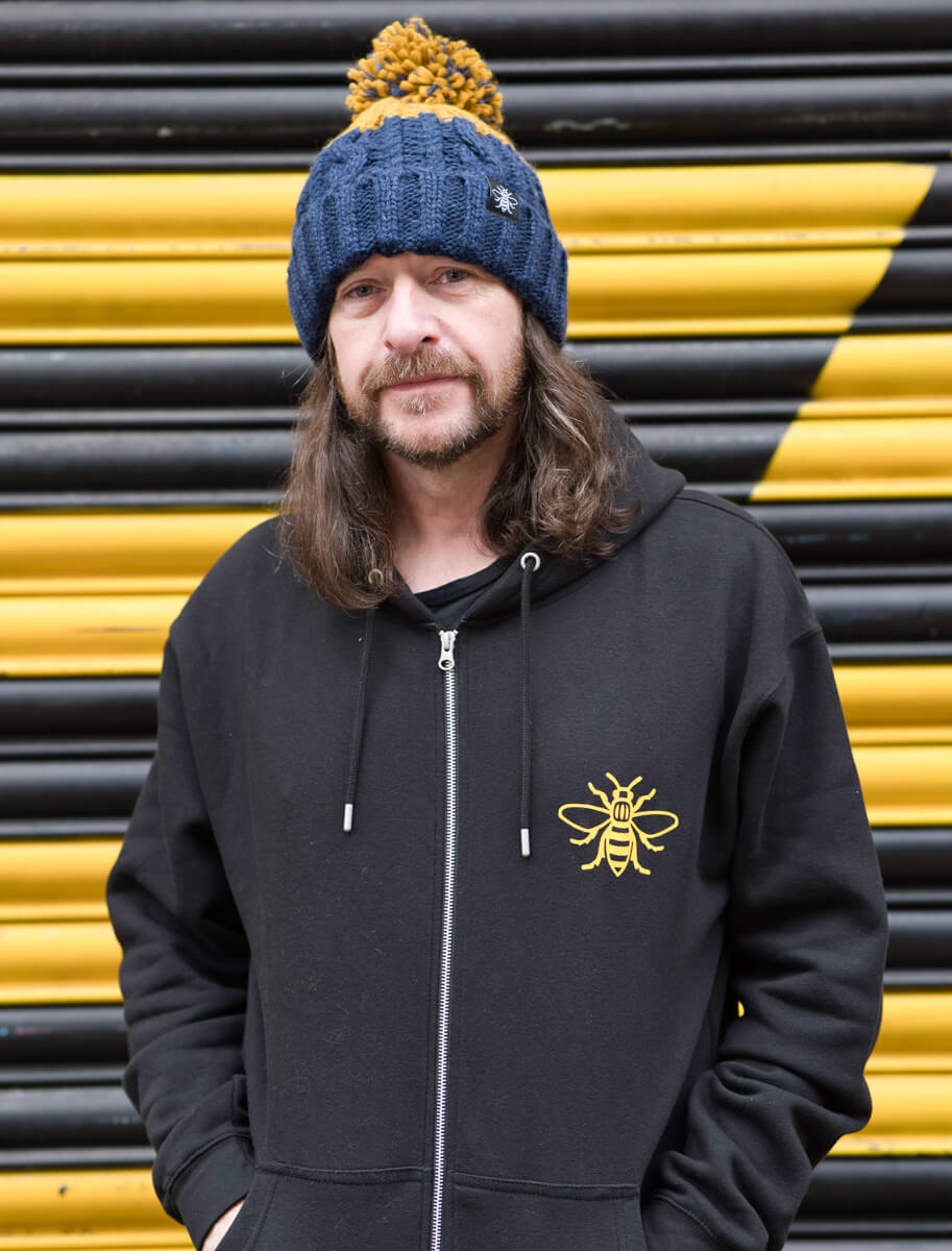 *Navy & Mustard Chunky Knit Bee Beanie with Bobble (Staff) • The Manchester Shop