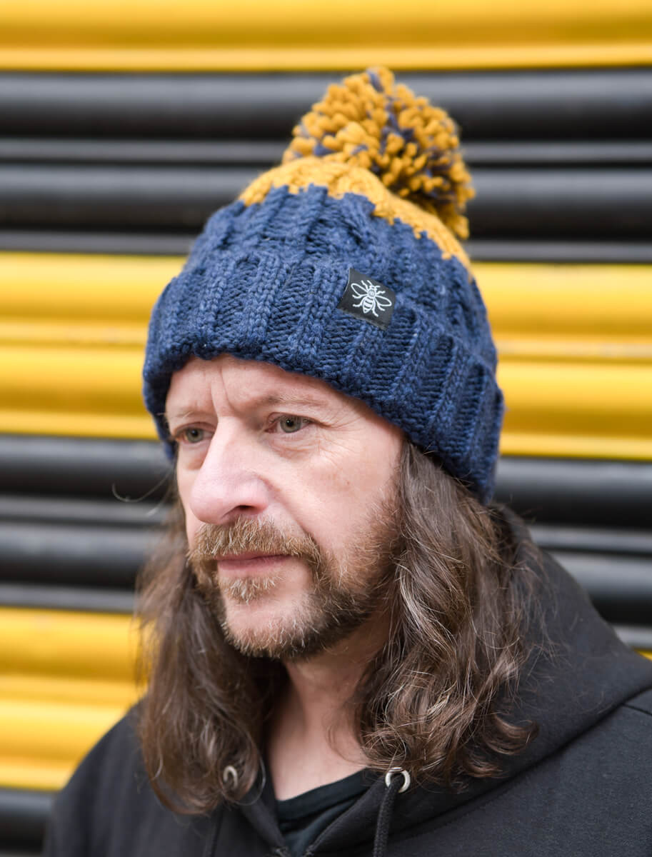*Navy & Mustard Chunky Knit Bee Beanie with Bobble (Staff) • The Manchester Shop