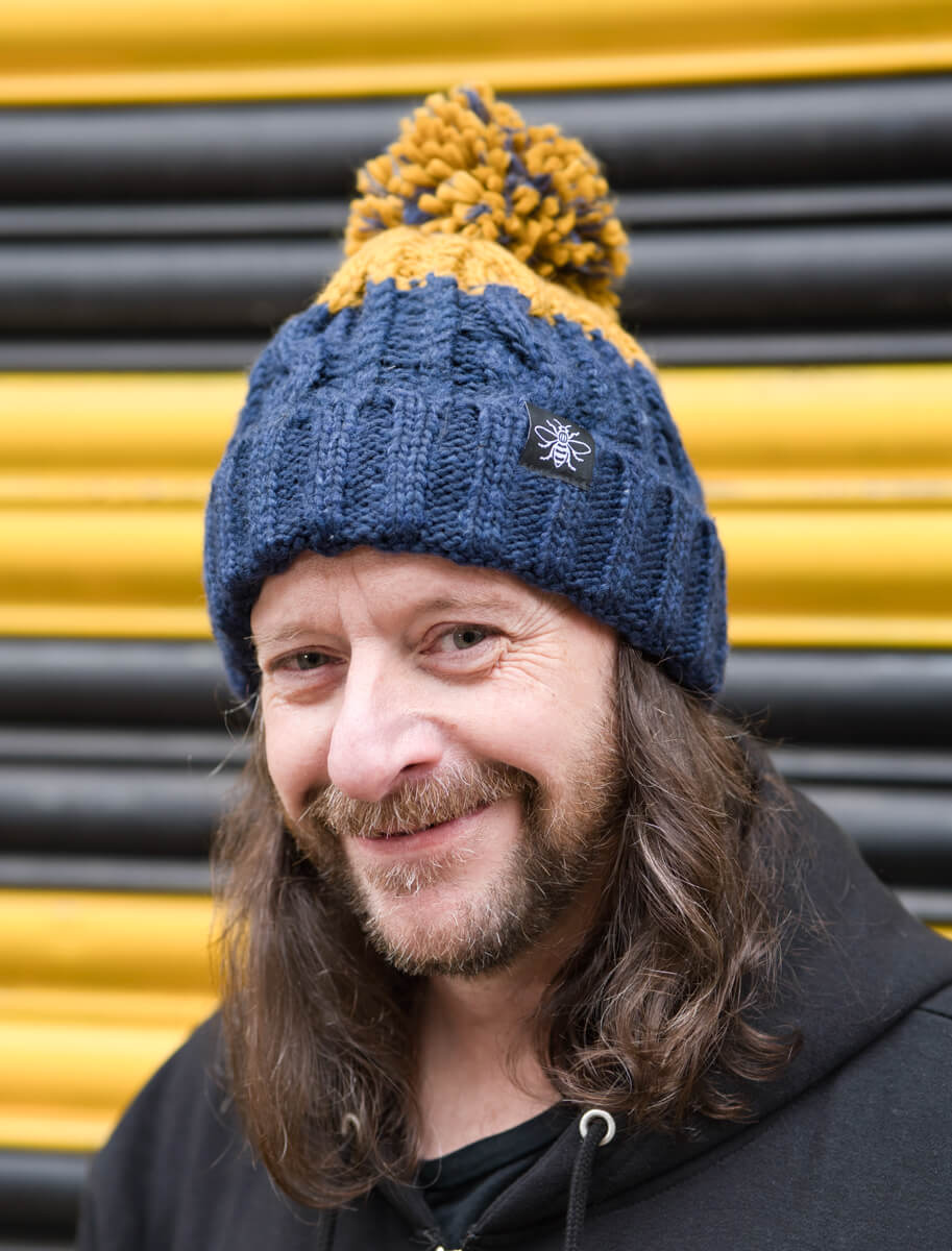 *Navy & Mustard Chunky Knit Bee Beanie with Bobble (Staff) • The Manchester Shop