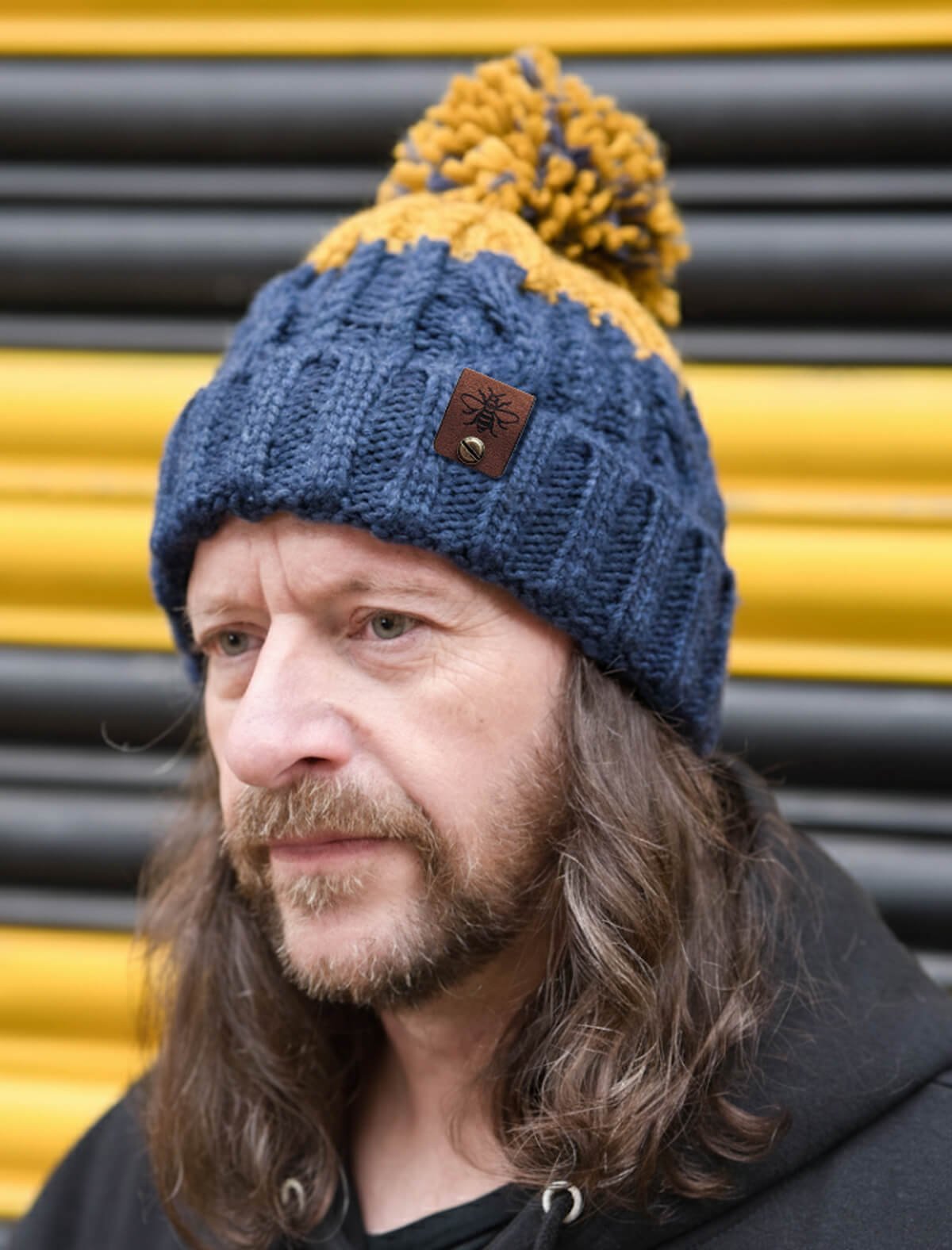 Navy & Mustard Chunky Knit Bee Beanie with Bobble