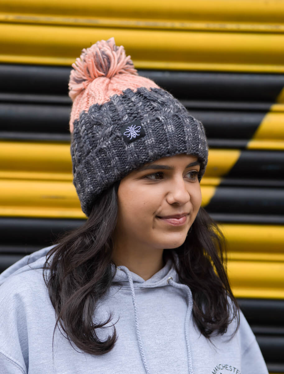 *Blush & Grey Chunky Knit Bee Beanie with Bobble (Staff) • The Manchester Shop