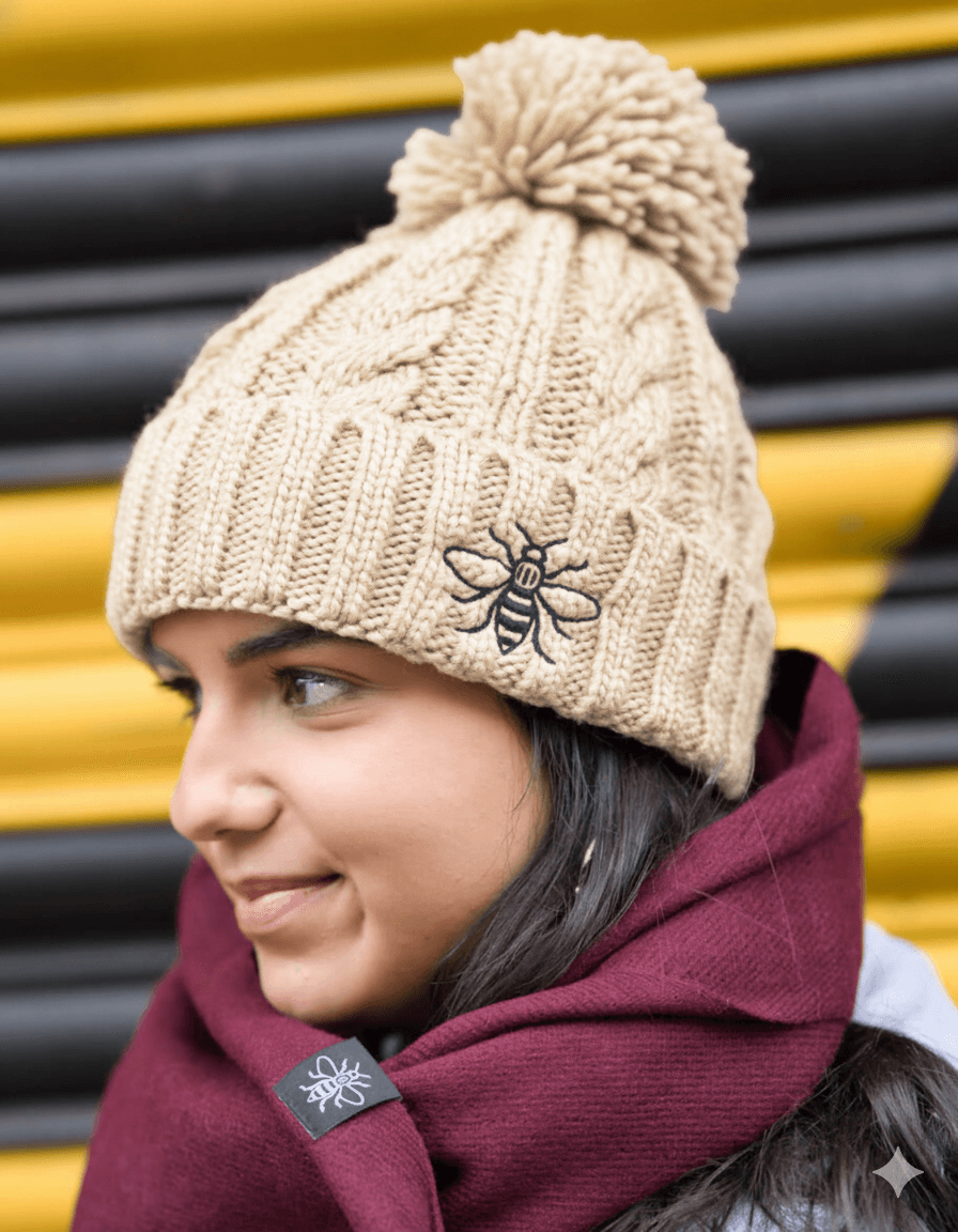 Oatmeal Chunky Knit Bee Beanie with Bobble