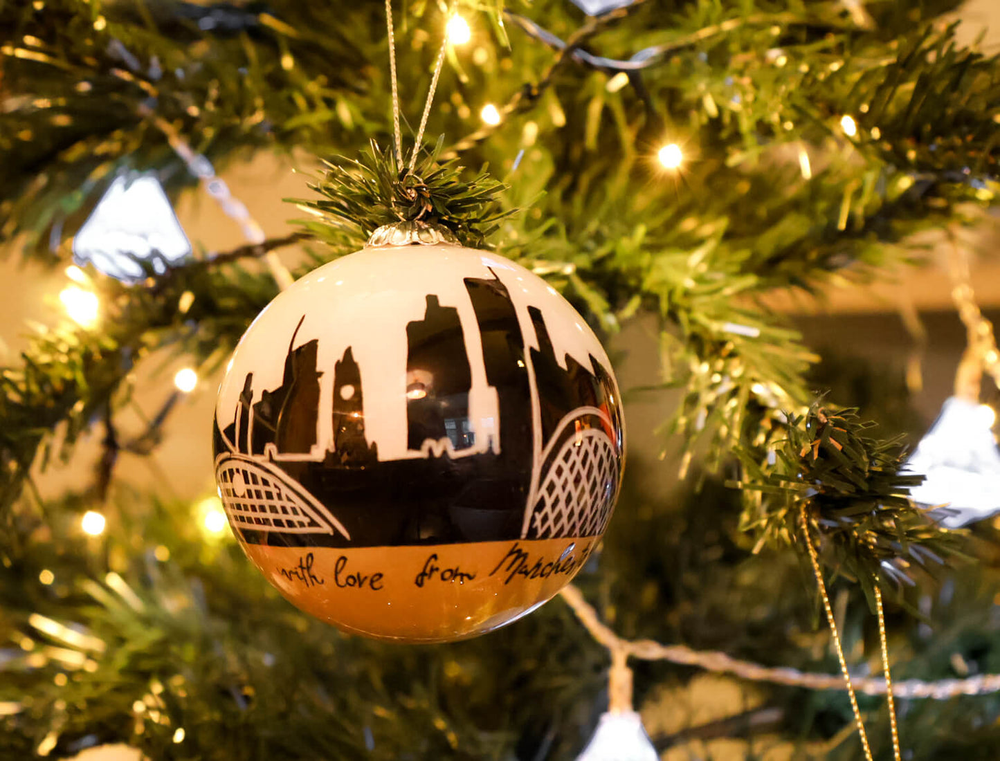 With Love from Manchester Hand-Painted Skyline Glass Bauble