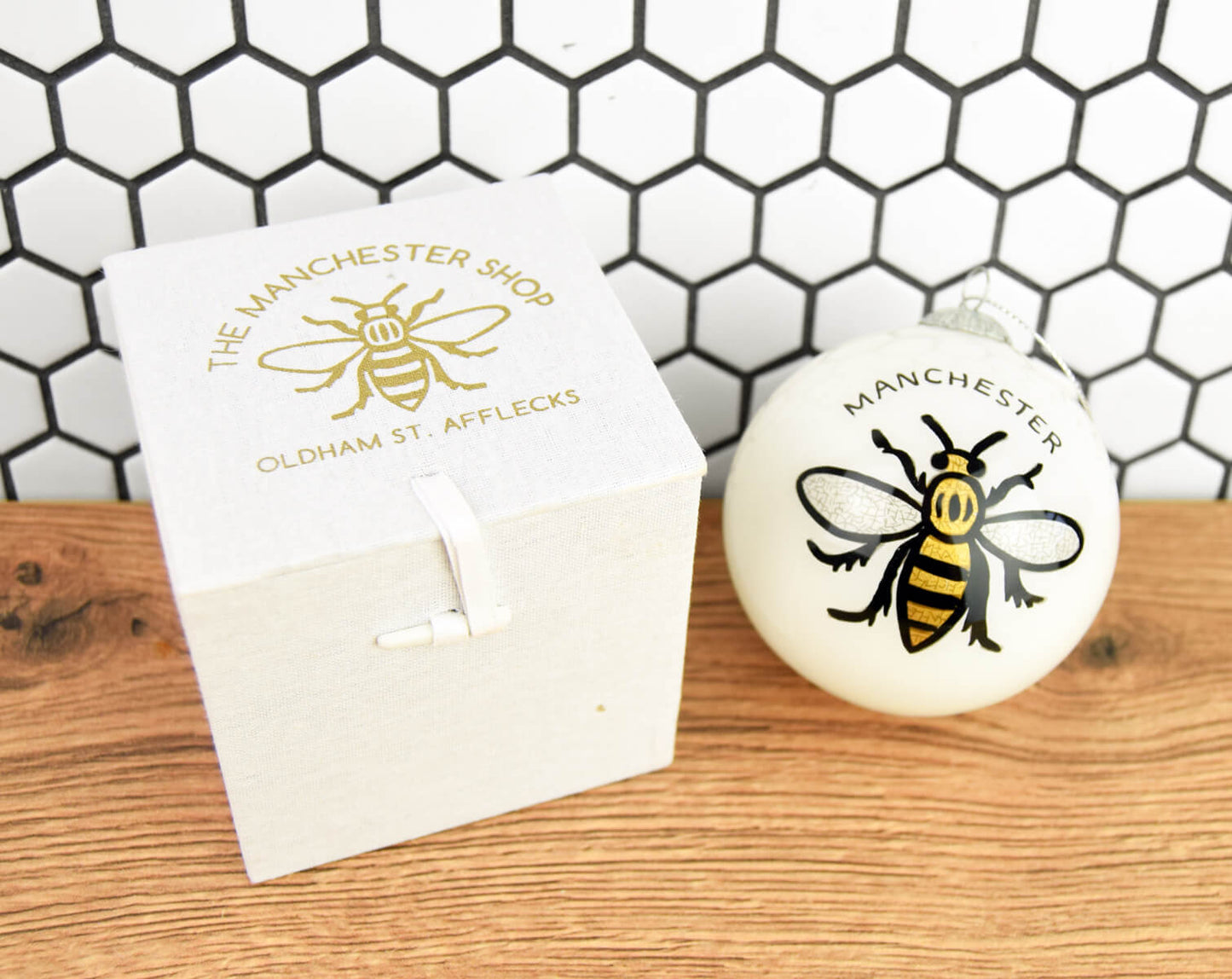 White Hand-Painted Glass Bee Bauble - The Manchester Shop