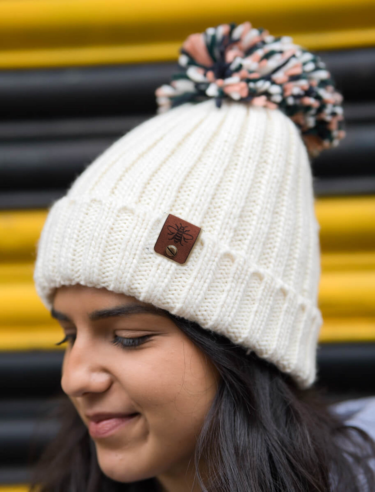 Cream Hygge Beanie with Bee Tag • The Manchester Shop