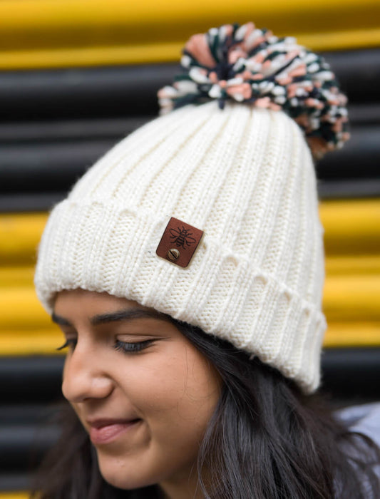 Cream Hygge Beanie with Bee Tag • The Manchester Shop