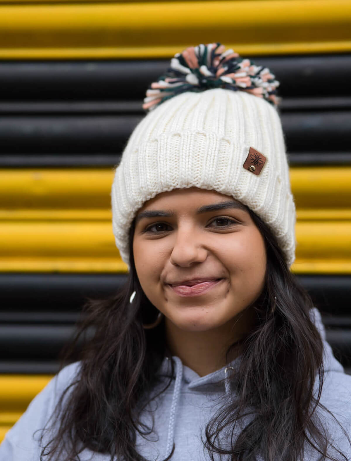 Cream Hygge Beanie with Bee Tag • The Manchester Shop