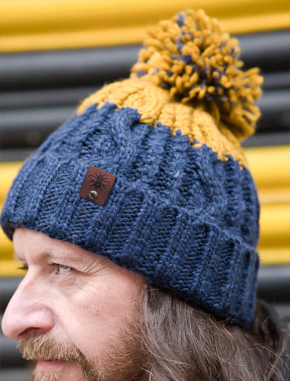 Navy & Mustard Chunky Knit Bee Beanie with Bobble