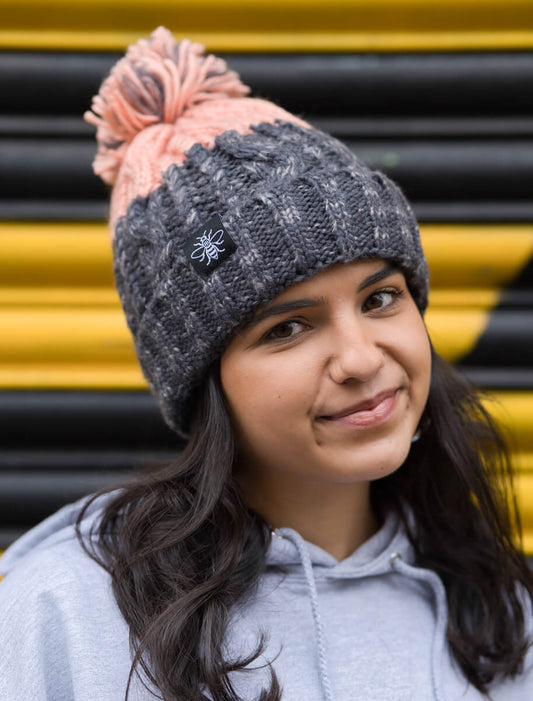 Blush & Grey Chunky Knit Bee Beanie with Bobble