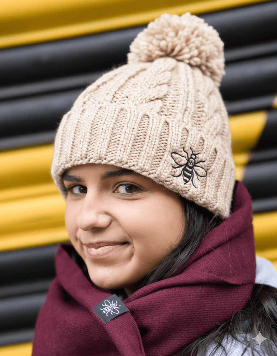 Oatmeal Chunky Knit Bee Beanie with Bobble