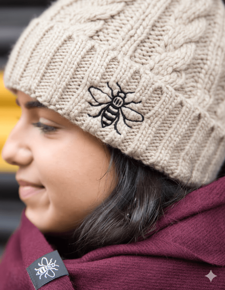 Oatmeal Chunky Knit Bee Beanie with Bobble