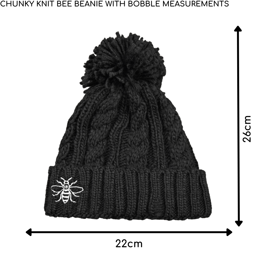 Black Chunky Knit Bee Beanie with Bobble