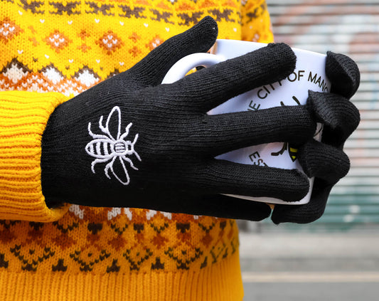 Large Manchester Bee Embroidered Black Gloves