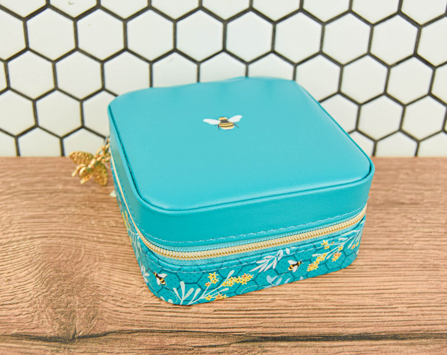 Turquoise Bee Square Travel Jewellery Box | The Manchester Shop