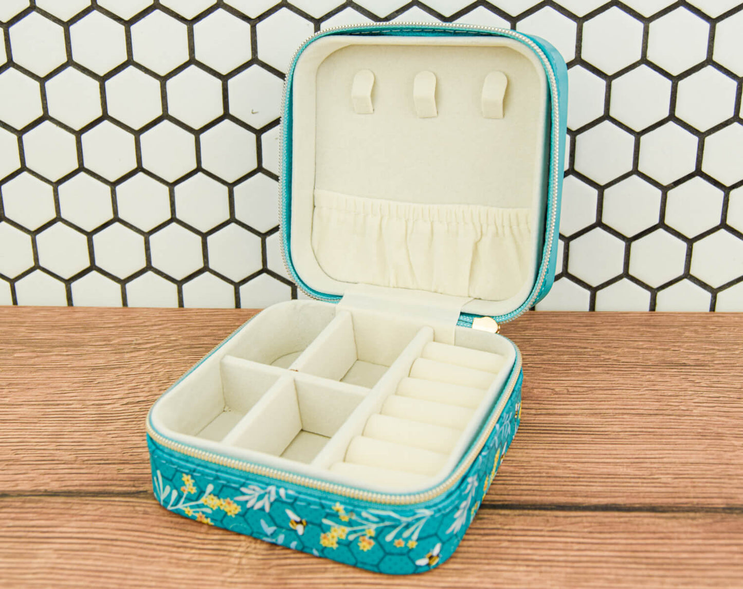 Turquoise Bee Square Travel Jewellery Box | The Manchester Shop