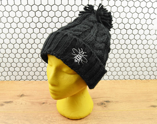 Black Chunky Knit Bee Beanie with Bobble | The Manchester Shop