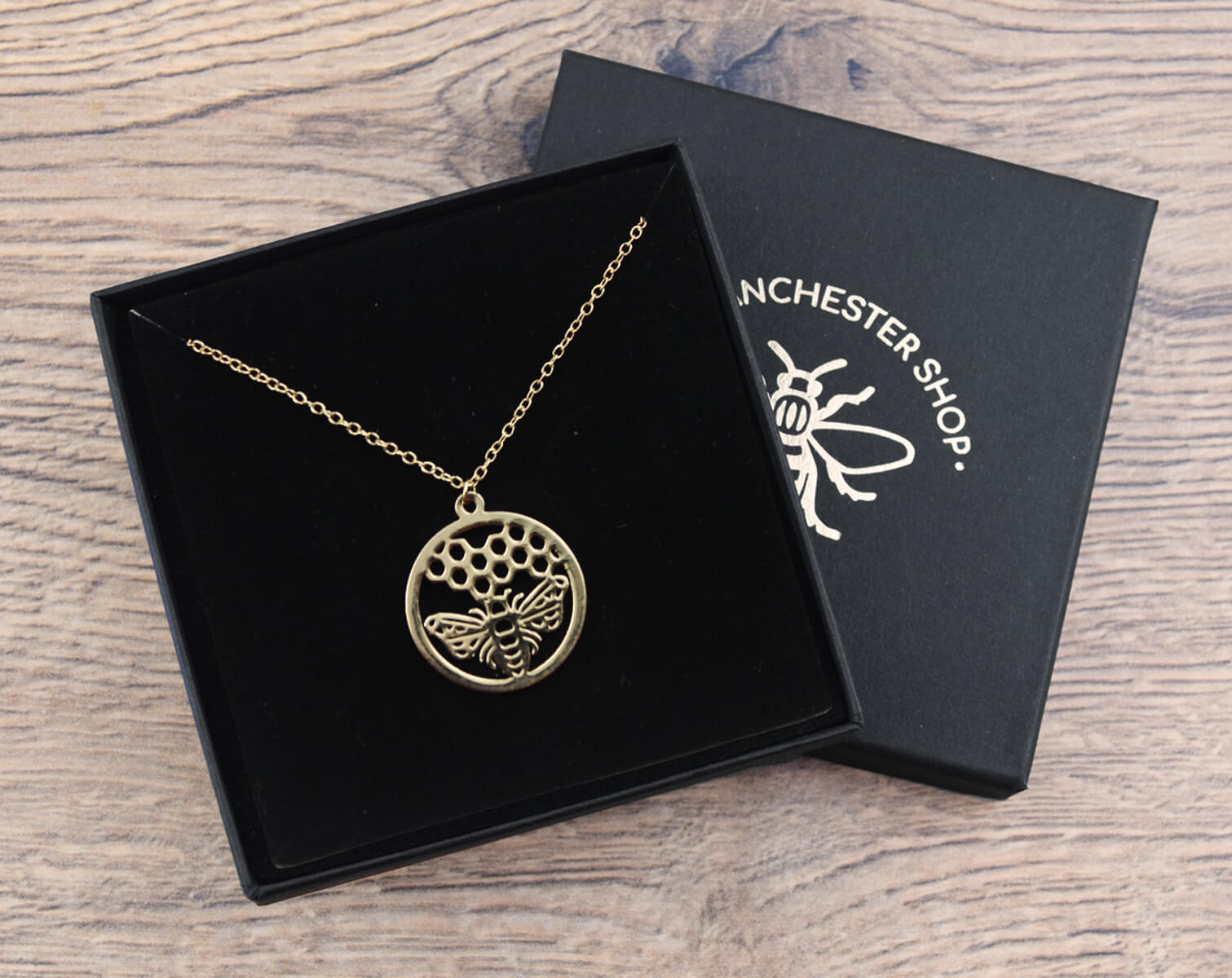 Gold Circle & Honeycomb Bee Necklace | The Manchester Shop