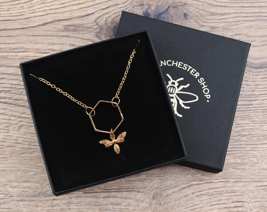 Gold Hexagon & Bee Charm Necklace | The Manchester Shop