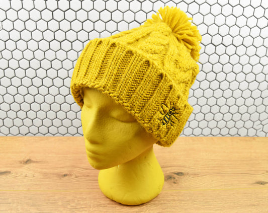Mustard Chunky Knit Bee Beanie with Bobble | The Manchester Shop