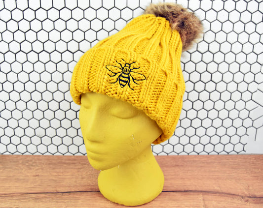 Mustard Fur Pompom Embroidered Beanie | The Manchester Shop
