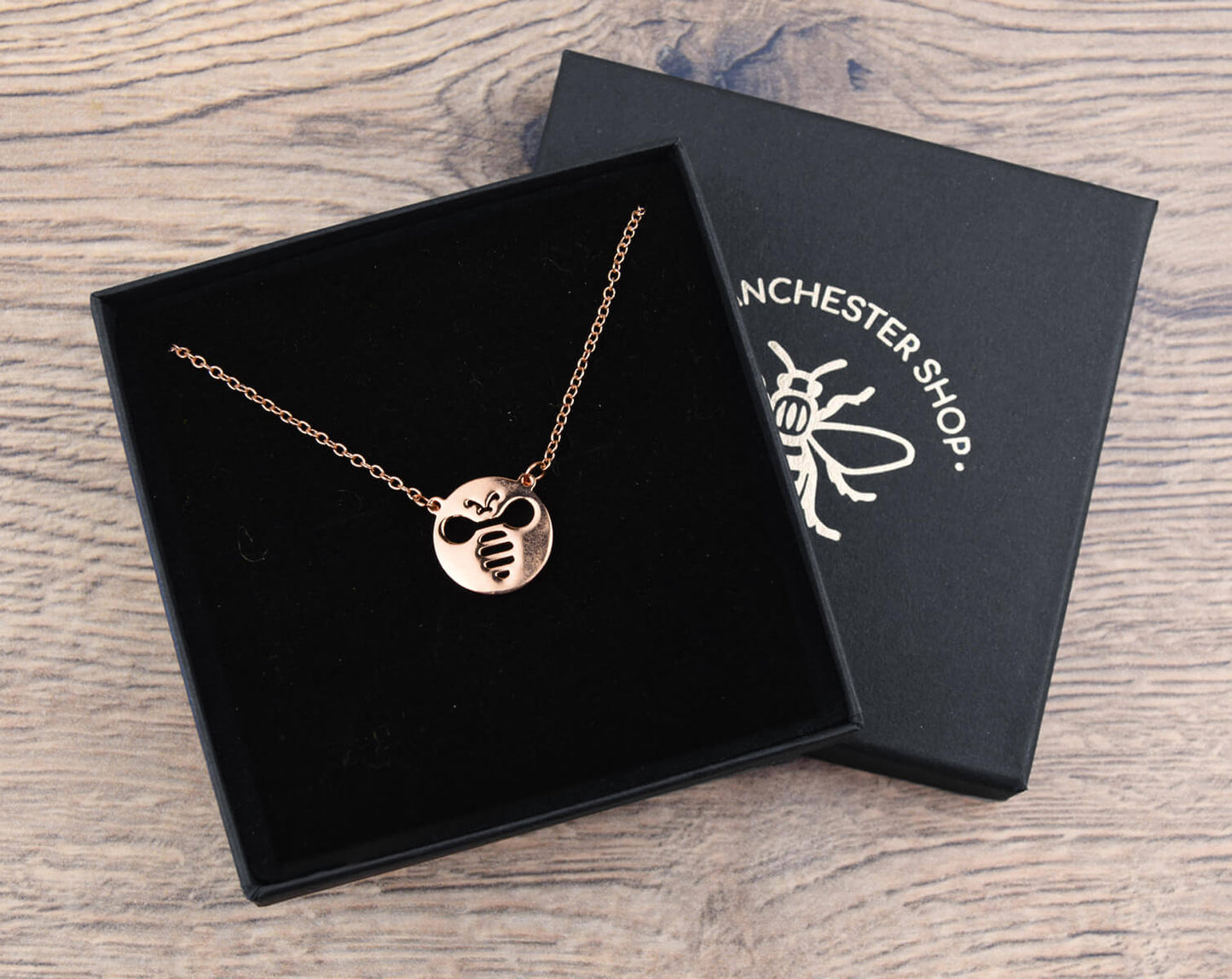 Rose Gold Round Bee Cut Out Necklace | The Manchester Shop