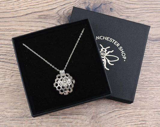 Silver Bee & Honeycomb Sphere Necklace | The Manchester Shop