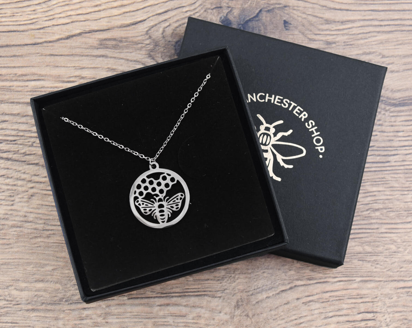 Silver Circle & Honeycomb Bee Necklace | The Manchester Shop